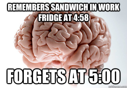 remembers sandwich in work fridge at 458 forgets at 500 - Scumbag Brain