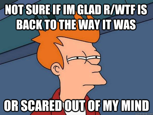 not sure if im glad rwtf is back to the way it was or scare - Futurama Fry
