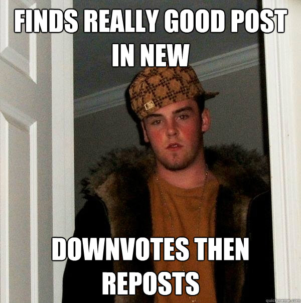 finds really good post in new downvotes then reposts - Scumbag Steve