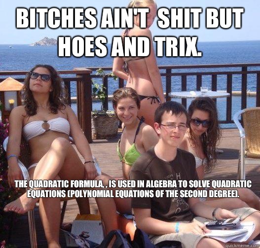 Bitches aint shit but hoes and trix The quadratic formula is - Priority Peter