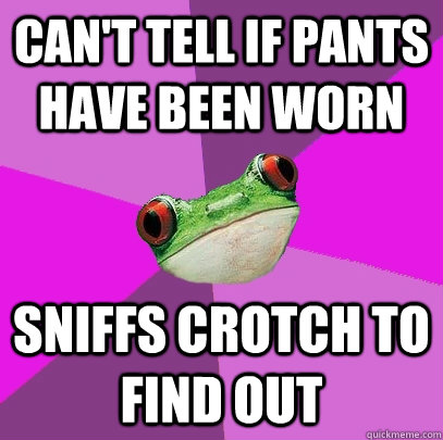 cant tell if pants have been worn sniffs crotch to find out - Foul Bachelorette Frog