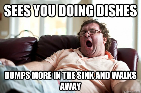 sees you doing dishes dumps more in the sink and walks away - Freeloader Roommate