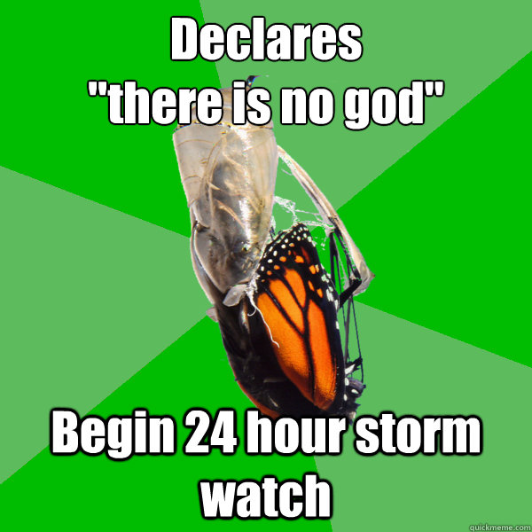 declares there is no god begin 24 hour storm watch - Transitional Atheist Butterfly