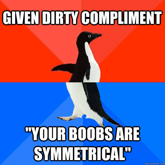 given dirty compliment your boobs are symmetrical - Socially Awesome Awkward Penguin