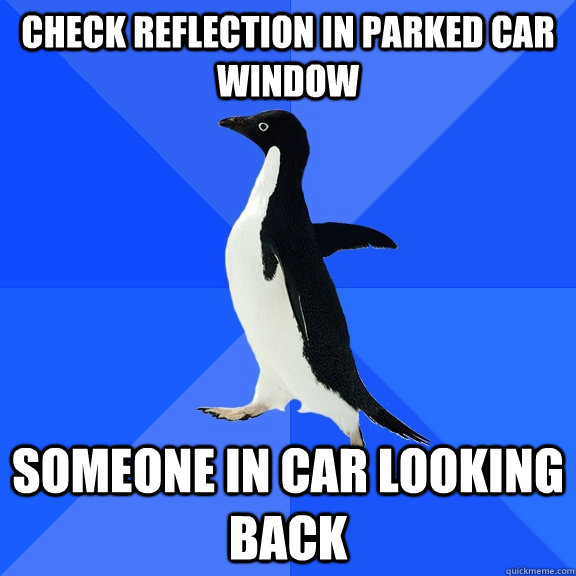 check reflection in parked car window someone in car looking - Socially Awkward Penguin
