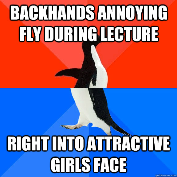 backhands annoying fly during lecture right into attractive - Socially Awesome Awkward Penguin