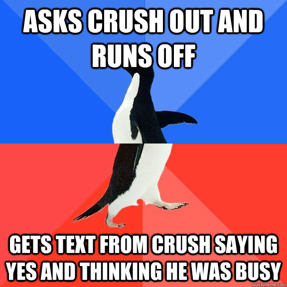 asks crush out and runs off gets text from crush saying yes - Socially Awkward Awesome Penguin