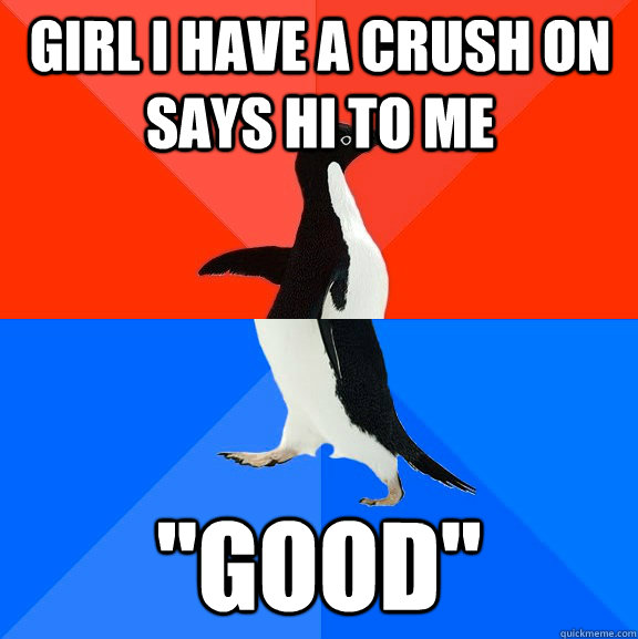 girl i have a crush on says hi to me good - Socially Awesome Awkward Penguin