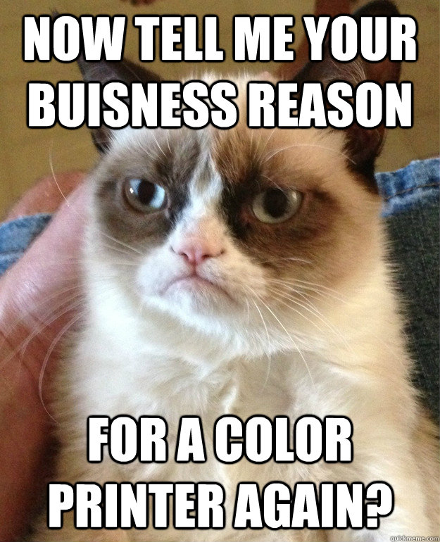 now tell me your buisness reason for a color printer again - Grumpy Cat