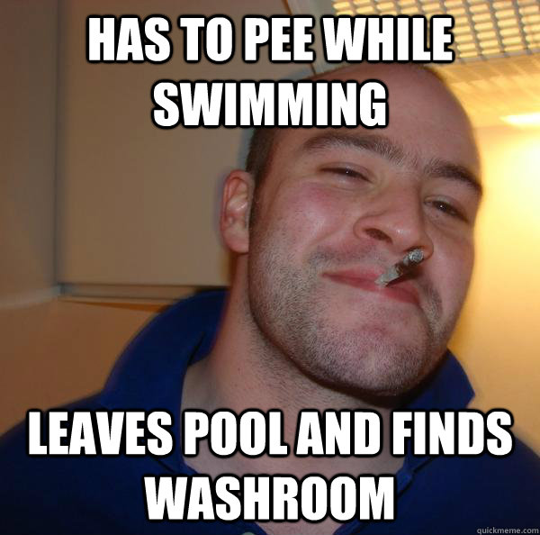 has to pee while swimming leaves pool and finds washroom - Good Guy Greg