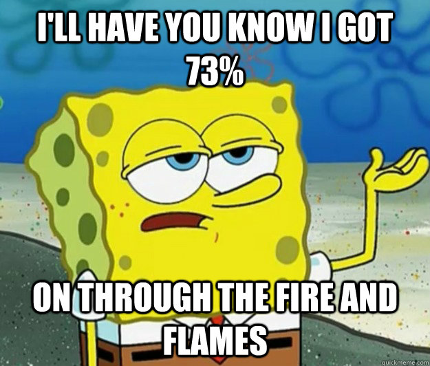 ill have you know i got 73 on through the fire and flames - Tough Spongebob