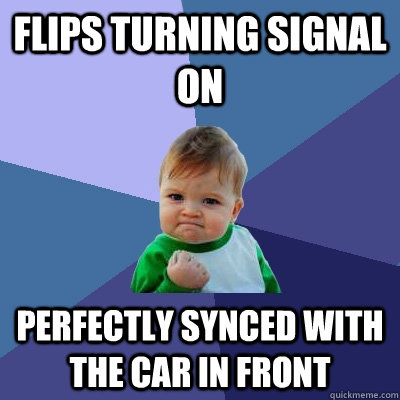 flips turning signal on perfectly synced with the car in fro - Success Kid