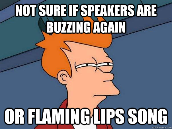 not sure if speakers are buzzing again or flaming lips song - Futurama Fry