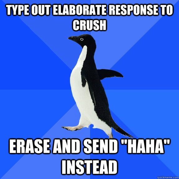 type out elaborate response to crush erase and send haha i - Socially Awkward Penguin