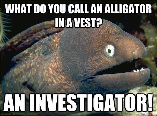 what do you call an alligator in a vest an investigator - Bad Joke Eel