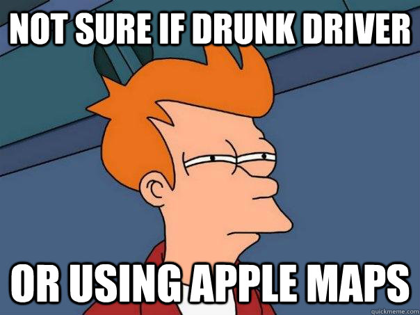 not sure if drunk driver or using apple maps - Futurama Fry