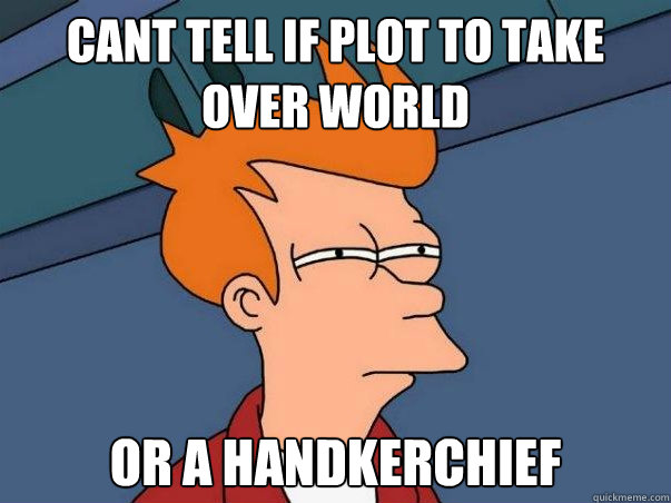 cant tell if plot to take over world or a handkerchief - fry cant tell if sexy or wants to kill me