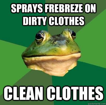 sprays frebreze on dirty clothes clean clothes - Foul Bachelor Frog