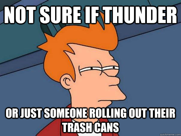 not sure if thunder or just someone rolling out their trash - Futurama Fry