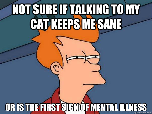 not sure if talking to my cat keeps me sane or is the first - Futurama Fry