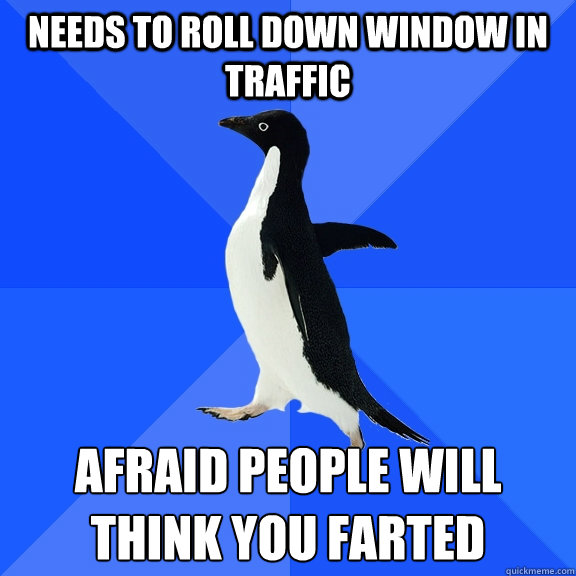needs to roll down window in traffic afraid people will thin - Socially Awkward Penguin