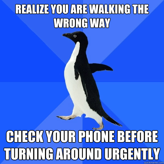realize you are walking the wrong way check your phone befor - Socially Awkward Penguin
