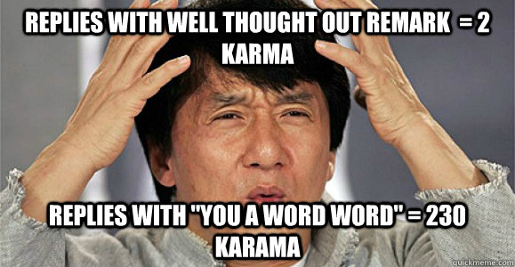 replies with well thought out remark 2 karma replies with - Confused Jackie Chan