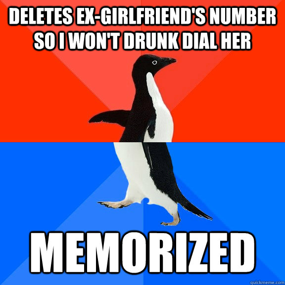 deletes exgirlfriends number so i wont drunk dial her mem - Socially Awesome Awkward Penguin
