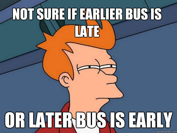 not sure if earlier bus is late or later bus is early - Futurama Fry