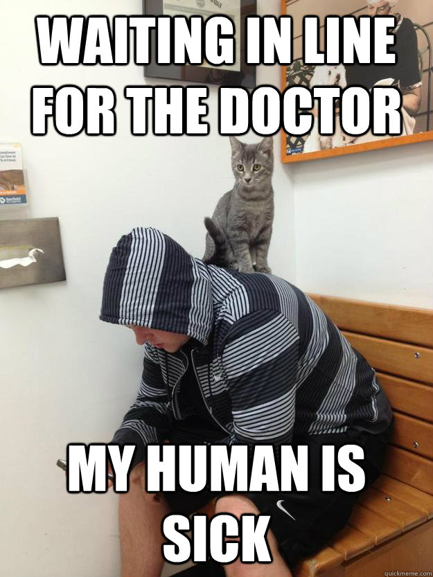 waiting in line for the doctor my human is sick -