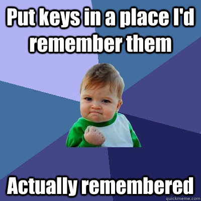 put keys in a place id remember them actually remembered - Success Kid