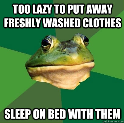 too lazy to put away freshly washed clothes sleep on bed wit - Foul Bachelor Frog