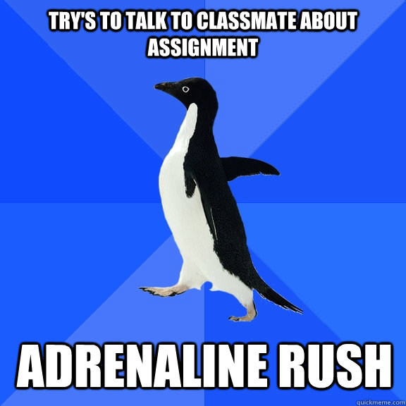 trys to talk to classmate about assignment adrenaline rush - Socially Awkward Penguin