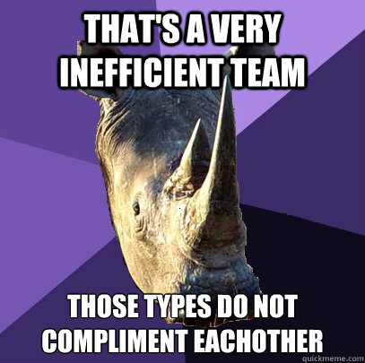 thats a very inefficient team those types do not compliment - Sexually Oblivious Rhino
