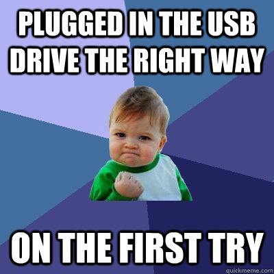 plugged in the usb drive the right way on the first try - Success Kid