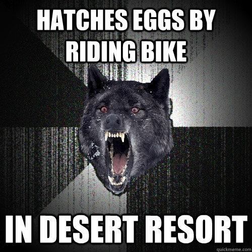 hatches eggs by riding bike in desert resort - Insanity Wolf