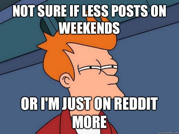 Not sure if less posts on weekends Or if wearing glasses ena - Futurama Fry