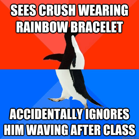 sees crush wearing rainbow bracelet accidentally ignores him - Socially Awesome Awkward Penguin