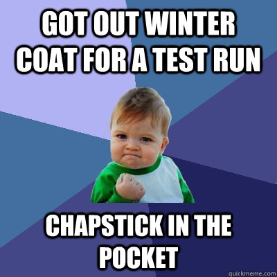 got out winter coat for a test run chapstick in the pocket - Success Kid