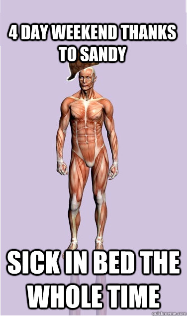 4 day weekend thanks to sandy sick in bed the whole time - Scumbag Body