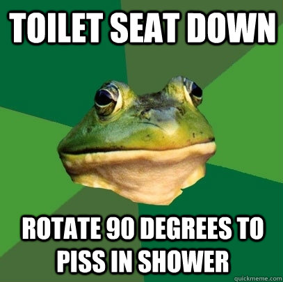 toilet seat down rotate 90 degrees to piss in shower - Foul Bachelor Frog