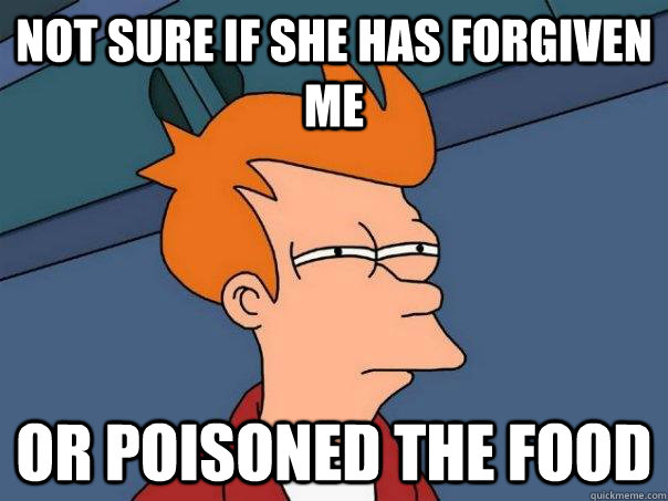 not sure if she has forgiven me or poisoned the food - Futurama Fry