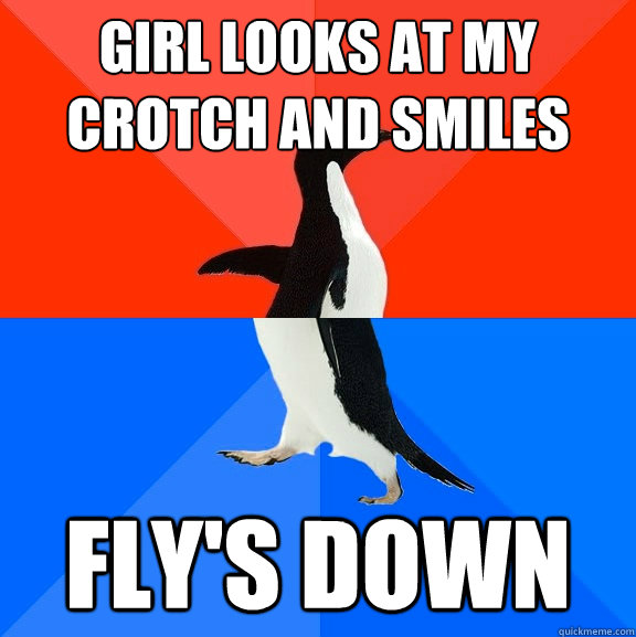 girl looks at my crotch and smiles flys down - Socially Awesome Awkward Penguin