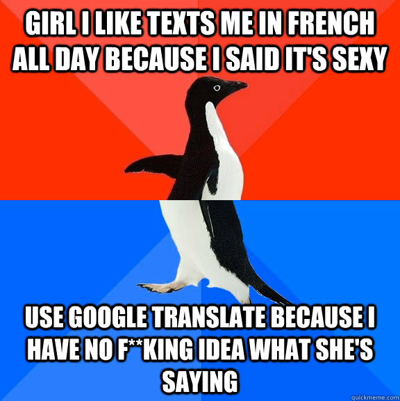 girl i like texts me in french all day because i said its s - Socially Awesome Awkward Penguin