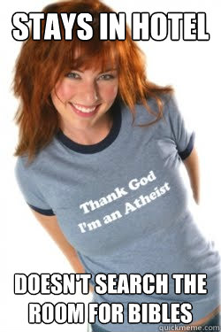 stays in hotel doesnt search the room for bibles -