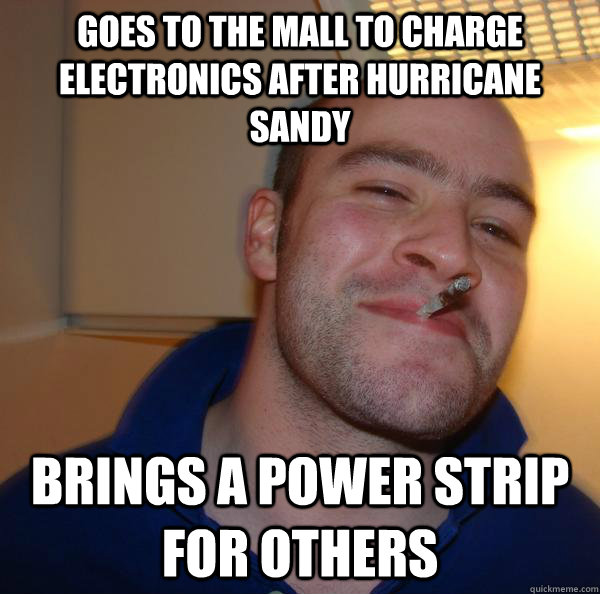 goes to the mall to charge electronics after hurricane sandy - Good Guy Greg