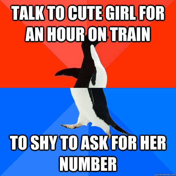talk to cute girl for an hour on train to shy to ask for her - Socially Awesome Awkward Penguin