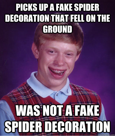 picks up a fake spider decoration that fell on the ground wa - Bad Luck Brian