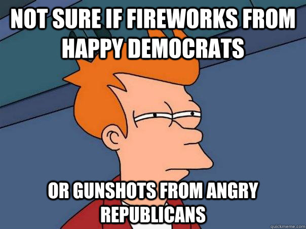 not sure if fireworks from happy democrats or gunshots from - Futurama Fry