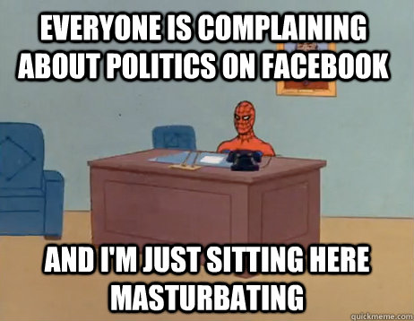 everyone is complaining about politics on facebook and i - Masturbating Spiderman